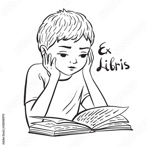 Hand drawn black and white illustration of a cute boy reading a book. The inscription in Latin ex libris, which means from books