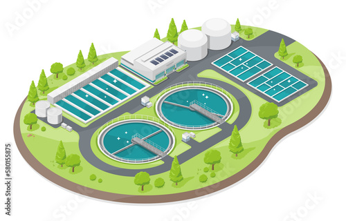 Wastewater Treatment process ecology sewage treatment for save world concept cartoon symbols isometric isolated illustration