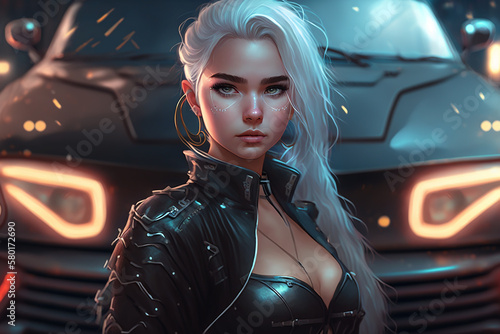 Cyberpunk Character Standing in Front of a Car.