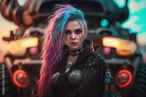 Cyberpunk Character Standing in Front of a Car.