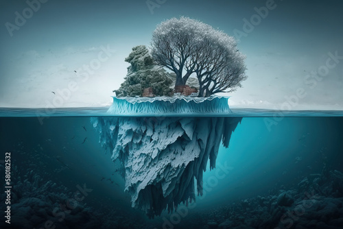 A tree grows on an iceberg in the middle of the ocean, concept of Climate change and juxtaposition, created with Generative AI technology