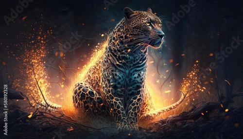 Portrait of a leopard full of smoke and fire. Created with Generative AI.