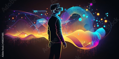 illustration of Man wearing vr augmented reality. Abstract holography with data and graph. multicolor projector light illumination. VR, augmented reality, by ai generative