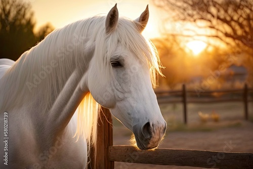 A picture of a horse in the sun at sunset. Close up picture of a white horse with a white mane. At sunset, a white horse is in a paddock. horse walks in a street paddock. Having horses and raising the