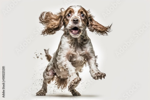 Just crazy kids. Young English cocker spaniel dog is making a pose. Isolated on a white background, a cute white brown dog or pet is playing and looks happy. The idea of action, motion, and action