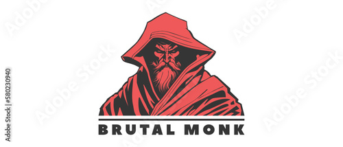 Vector logo, red, bearded powerful formidable brutal monk in a hood on a white isolated background. Hidden warrior. Sticker, icon or emblem.