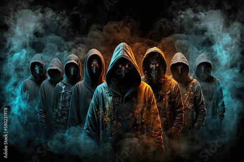 army of hackers. dangerous group of hackers in hoods. Internet, virus, cybercrime, cyberattack, and system exploitation. Dark skin. Anonymous, generative AI