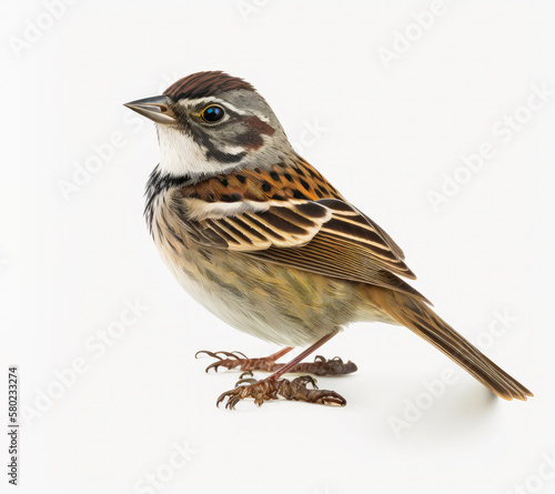 Brown and white bird standing on white background. Generative AI.