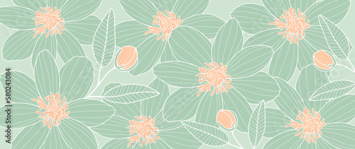 Green vector floral illustration with flowers, orange buds and leaves for decor, covers, backgrounds, postcards