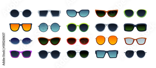 Fashion sunglasses. Modern glasses different shape and color, stylish sun protective accessories in trendy rims, eyesight care concept. Vector set. Plastic frames with colorful glasses