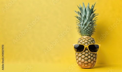  a pineapple wearing sunglasses on a yellow background with a yellow background and a yellow wall in the background is a yellow wall and a yellow wall. generative ai