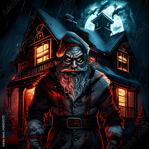 At night, an evil Santa Claus with a darkened face stands in front of a Christmas house
