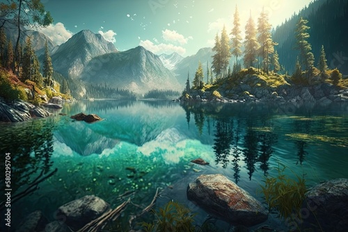 Marvelous lake panorama shot 4K. Generative AI