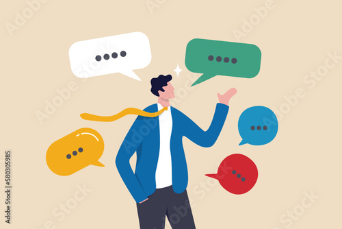 Verbal or oral communication skill, storytelling or explanation, public speaking, talking or discussion, telling message or speech concept, confidence businessman talking with multiple speech bubbles.