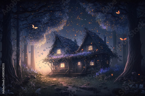 House in fantasy forest at night, scenery of fairytale hut and magic light, generative AI