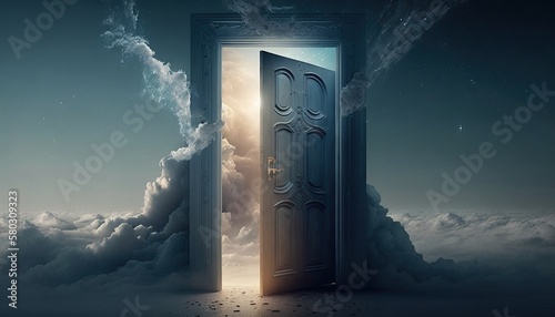 Mysterious door to heavens.Judgment day paradise concept with a portal to eternal life generative ai.