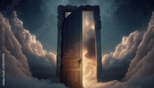 Mysterious door to heavens.Judgment day paradise concept with a portal to eternal life generative ai.