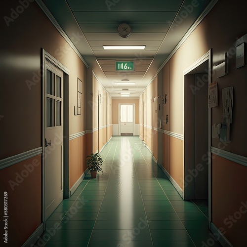 The long, dimly lit hallway of the hospital stretches out before you, its walls lined with doors to patient rooms that have long since been abandoned. AI