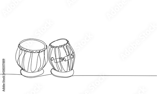 Tabla drum one line art. Continuous line drawing of sound, beat, ethnic, indian, rhythm, musician, band, acoustic, drum, music, percussion.