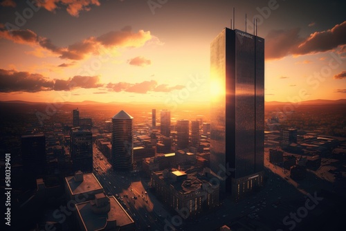 Sunset view of Manchester. The Hilton Hotel or Beetham Tower is centrally displayed throughout the entire city. aerial picture of the heart of Manchester. Beautiful sunset shot of the metropolitan sky