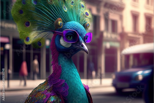 modern peacock in sunglasses. Created with Generative AI technology.