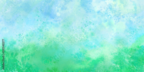 新緑と青空のコンセプトの水彩イラスト背景, 横長 やさしい 夏の背景 アブストラクト