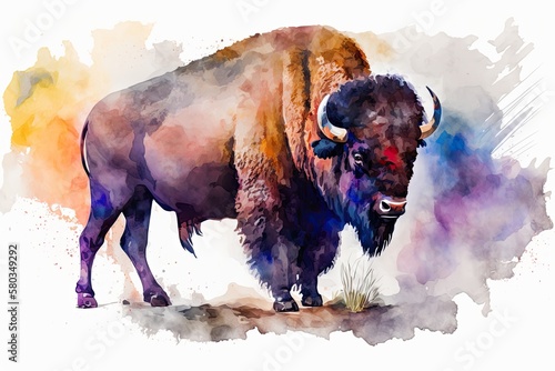Wildlife Wonders: An American Bison in a Colorful Watercolor Painting Style at the Grand Canyon. Generative AI