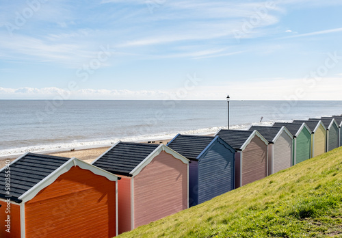 Colourful beach huts on the promenade or esplanade in the seaside town of Gorleston on the Norfolk coast