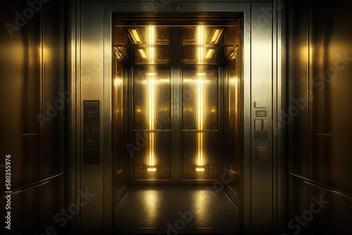 Inside a golden elevator cab, the doors are closed. Generative AI
