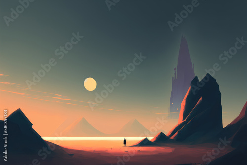 Generative AI illustration image of surreal sci-fi concept art alien landscape isolation solitude image