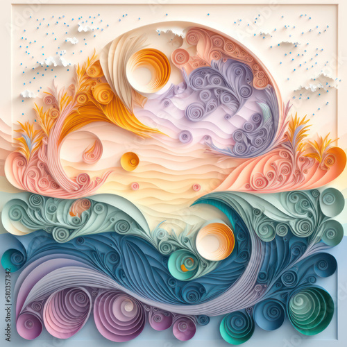 Generative AI illustration image of stunning beautiful paper cut quilling craft landscape scene with colorful pastel soft colors and stunning design