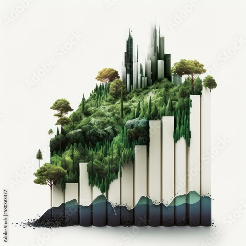 Corporate social and environmental responsibility represented by a bar chart graph with green environmental themes isolated on a white background, generative ai