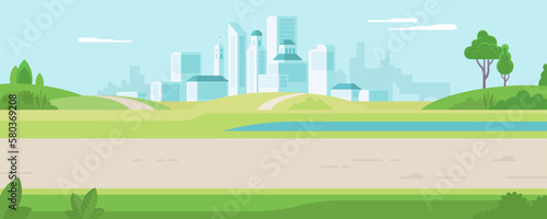 Beautiful summer or spring outdoors urban city park. Panoramic cityscape concept horizontal banner vector illustration