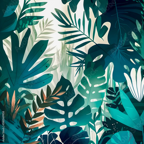 Watercolor jungle floral pattern, colorful hand drawn illustration style, Generative AI