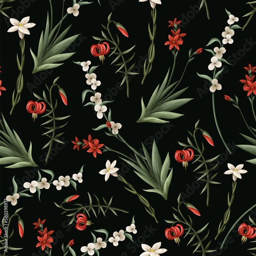 Seamless pattern with thin meadow flowers. Vector.