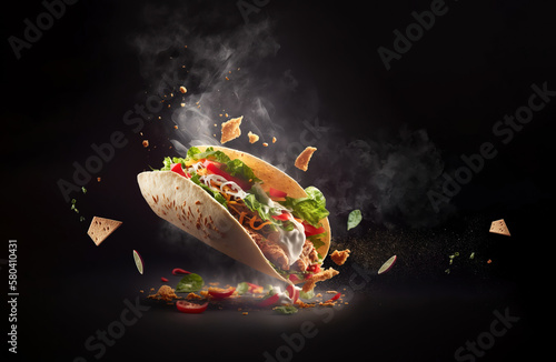 fresh hot taco with flying ingredients isolated on black background, hot ready to serve and eat banner with copy space empty area - Generative AI