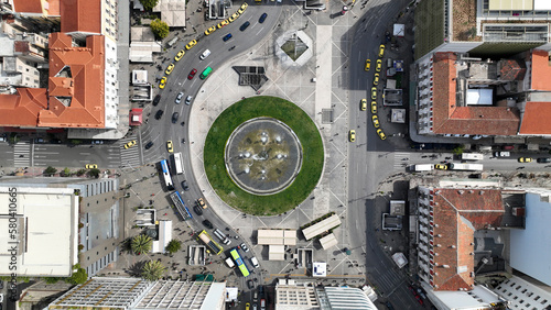 Aerial drone photo of famous urban busy round square of Omonia in the heart of Athens historic centre, Attica, Greece