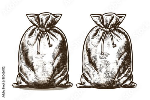Fabric sack tied with rope. Hand drawn vintage engraving style woodcut vector illustration.