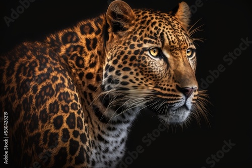 Panthera pardus is a beautiful leopard portrait on a black background. Generative AI