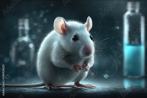 On a scientific background, a white lab rat. Generative AI
