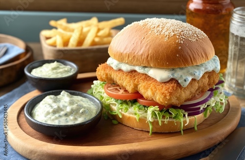 delicious fish burger with a golden, crispy panko-breaded fish fillet, lettuce, tomato, and red onion, topped with a generous dollop of creamy homemade tartar sauce. Generative AI