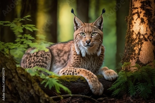 Lynx with a tree trunk in a green forest. Scene of wildlife in the wild. Playing Eurasian lynx, how animals act in their natural environment. Cat in the wild from Germany. There was a wild Bobcat in t