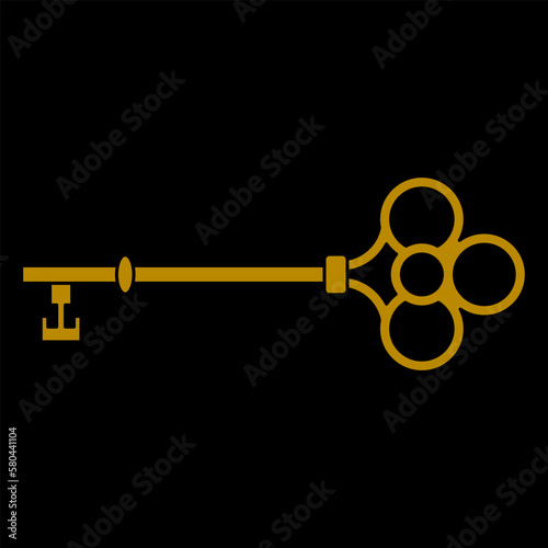 Golden antique skeleton key. On black background. Vector illustration.