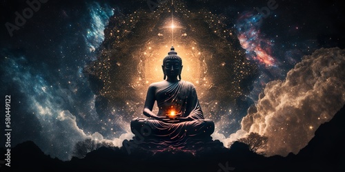 Cosmic Buddha meditating, Lotus position buddha on left with a magenta glow against a wide dark starry night