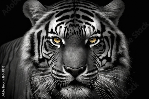 A tiger looking at the camera in black and white, with yellow eyes, on a black background. Generative AI