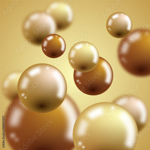 Abstract background of realistic glossy 3d balls, spheres, bubbles. Gold color. Vector EPS 10