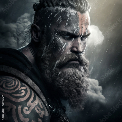Portrait fictif d'un guerrier viking sous une tempête. Eclairage dramatique et menaçant.