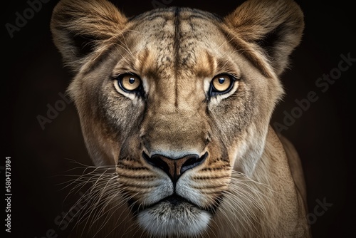 A headshot of a lioness looking straight at the camera. Generative AI