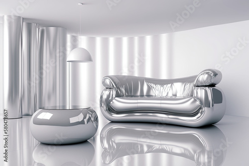 Fancy shiny reflective chrome silver chair throne in empty silver chrome room, 