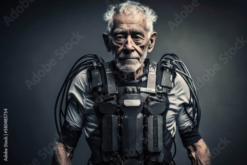 An old man wearing an exoskeleton suit. Modern aging concept. Created with generative AI technology.
